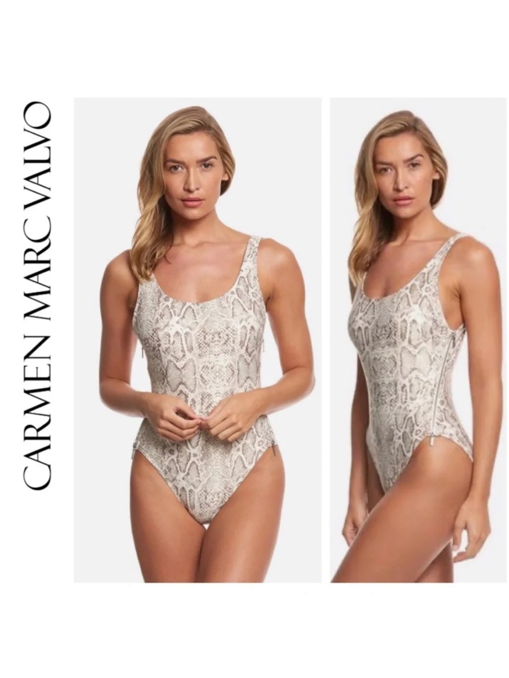 Carmen Marc Valvo Swimsuit Snake-Print Ivory One-Piece Bodysuit Zippers New 14